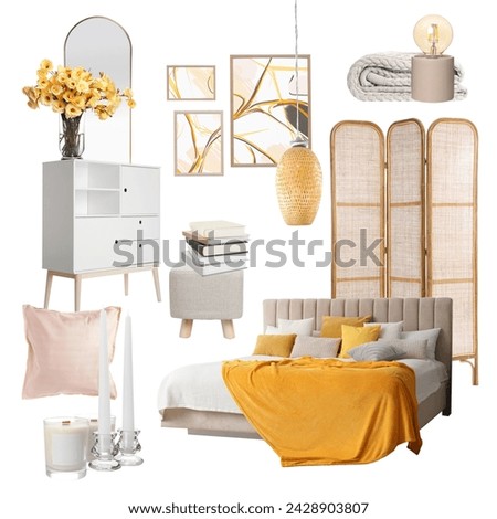 Stylish bedroom interior with different decorative elements and furniture on white background. Mood board collage