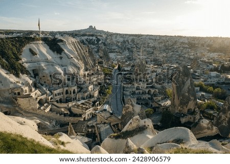 Aerial top down view of Goreme, an old town along the Goreme National Park in Cappadocia. High quality photo