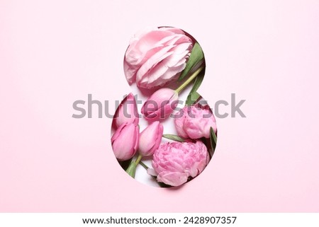 8 March greeting card design with flowers, top view. Happy International Women's Day Royalty-Free Stock Photo #2428907357