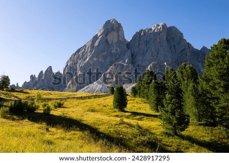 Awesome sunny landscape in Dolomites Alps. Mont de Fornella, artistic picture. Beauty of mountains world. Nature Background. South