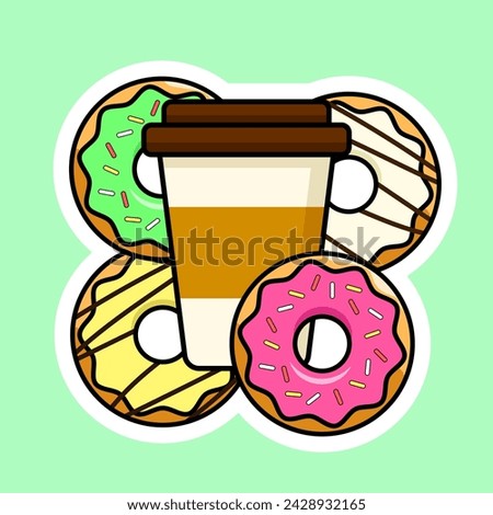 Coffee in a cup and 4 donuts