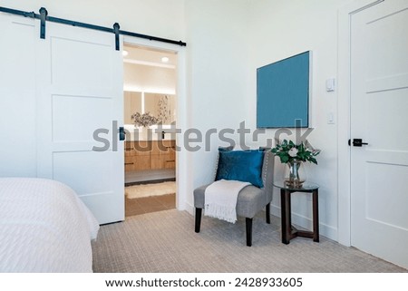 bedroom interior with white walls large bed staged with aqua and blue colors view to bathroom and barn door a walk in closet carpeted room interior Royalty-Free Stock Photo #2428933605