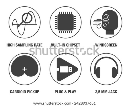 Microphone properties and benefits icons set for labeling, in flat monochrome style. High sampling rate, Built-in chipset, Windscreen, Cardioid pickup, Plug and play, 3,5 mm jack for earphones Royalty-Free Stock Photo #2428937651