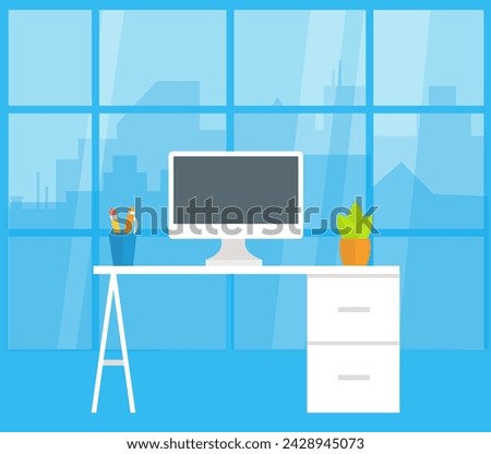 Home office. Flat design vector illustration of modern home office interior with designer desktop and computer, workplace room.