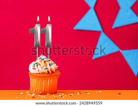 Number 11 candle with birthday cupcake on a red background with blue pennants