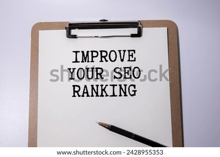 Paper plate with text Improve Your Seo Ranking. Diagram, notepad and blue background