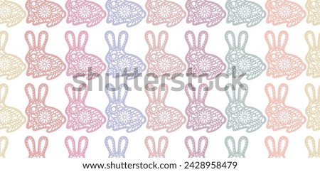 Easter bunny background. Color painted rabbit. Paper cut style Easter symbol. Egg hunt vector illustration. Happy Easter day backdrop. Gingerbread cookies background. 
