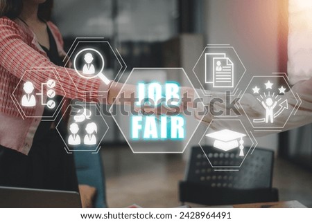 Job fair concept, Business woman making handshake with his partner in office with job fair icon on virtual screen.