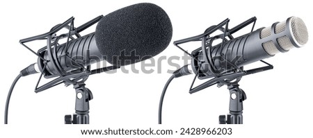 Microphone. Professional dynamic or condenser microphone. Radio broadcasting or podcast microphone with shock or anti vibration mount on stand. Mic with windshield. Recording voice, music or song