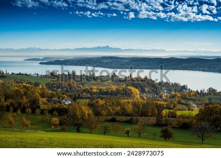 View over Lake Constance in autumn, at the back Alpine chain, near Überlingen, Lake Constance district, Baden-Württemberg, Germany