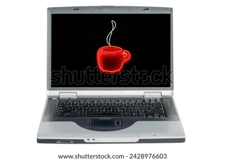 Lap Top Computer. Neon Coffee Cup. Isolated on black. Computer Isolated on White. Neon Sign. Coffee Shop. Coffee Shop Advertising. Internet. www. World Wide Web. Neon Art. Latte. Expresso. Cup of Joe.