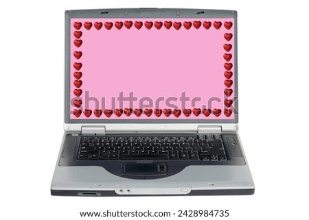 Lap Top Computer. Hearts. Valentines Day Hearts. Isolated on Pink. Room for text. Love Symbol. Note Pad. Message Pad. Peace and Love. Love Symbol. Heart Frame. Human Hearts. Love Hearts. Sweet Heart.