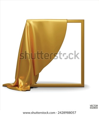 Gold Silk fabric unveiling empty frame isolated on white background. Golden satin covered objects. 3d vector illustration.