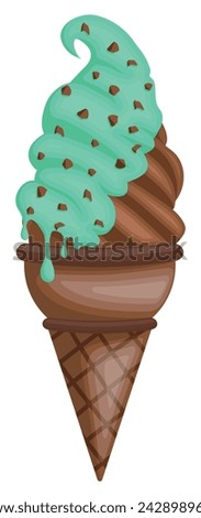 A sweet illustration of chocolate ice cream on a chocolate soft cone with flowing mint syrup and chocolate chips.