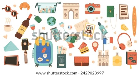 Travel France set. Tourism to Paris elements isolated. Trip to Europe country for adventure and rest. Holiday weekend vacation collection. Point of interest and accessories. Vector flat illustration.