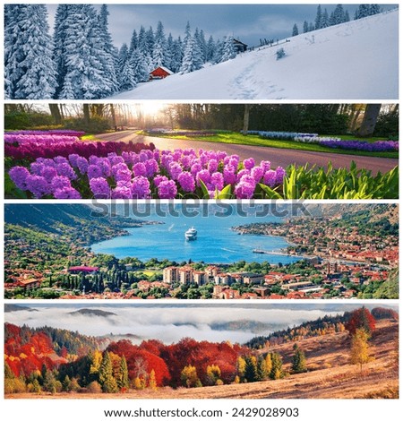 Set of beautiful panoramic views of the four seasons. Stunning landscapes of snowy farmland, foggy mountains, blooming flowers and colorful buildings of the city arranged in a square.