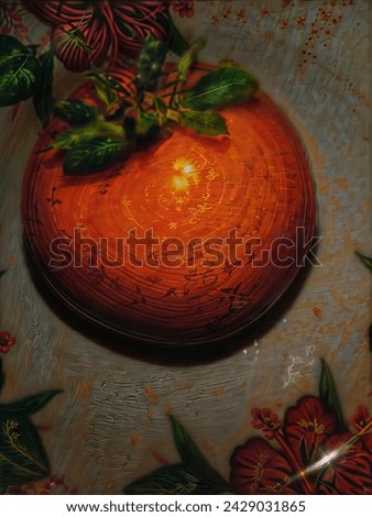 This enchanting artwork transports us to a mystical realm. At its center, an ornate, glowing orange circular object emanates warmth and intrigue. Elaborate designs and symbols adorn its surface, hinti Royalty-Free Stock Photo #2429031865