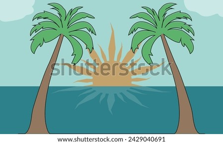 Palm trees with ocean summer landscape vector. Sunset view with ocean background