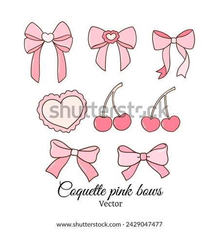 Draw vector illustration collection coquette cherry with pink bow Soft girl Trendy girly Doodle cartoon style