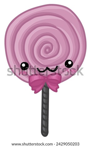 Purple lollipop with a cute expression and a dark purple ribbon