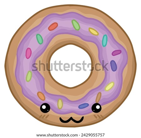 Brown donut topped with purple cream and sprinkles. Kawaii dessert illustration with eyes, mouth and cheek touches