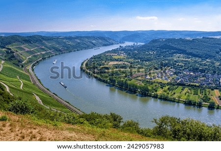 Big Rhine loop, Rhine river, Boppard, Rhineland-Palatinate, Germany, Europe.
Viewpoint of the Rhine loop and the Middle Rhine Valley. Royalty-Free Stock Photo #2429057983
