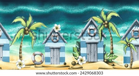 Beach, sea houses, cute, wooden with coconut palms on a sandy island. Watercolor illustration in cartoon style. Seamless summer, beach border for fabric, textiles, wallpaper, packaging, souvenirs