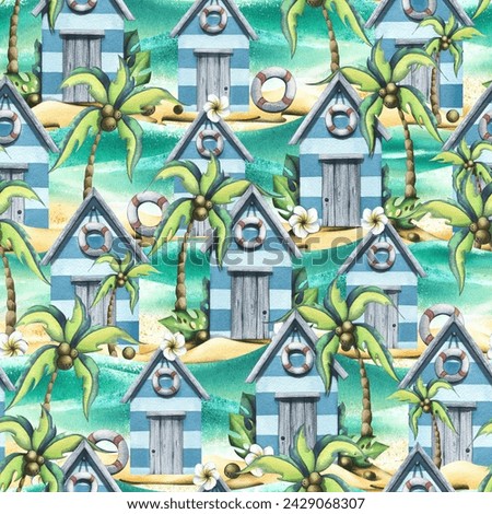 Beach, sea houses, cute, wooden with coconut palms on a sandy island. Watercolor illustration in cartoon style. Seamless summer, beach pattern for fabric, textiles, wallpaper, packaging, souvenirs