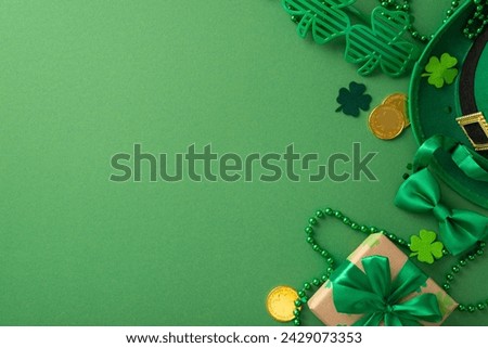 St. Patrick's day enchantment captured top-view, featuring clover leaves, fairy tale hat, golden tokens, present, jubilee eyewear, bow necktie, and confetti, on green stage, with empty space for text