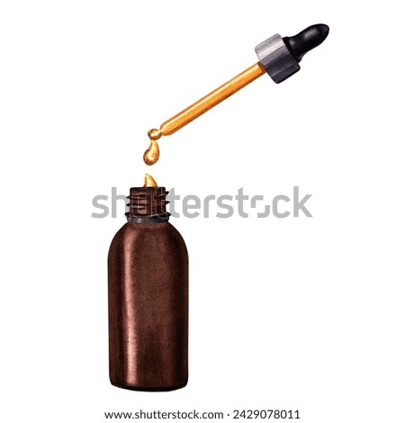 Small brown glass bottle dropper and pipette with cosmetic oil, serum or medicine drops. Hand drawn watercolor illustration isolated on white. For clip art template label