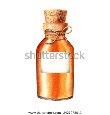 Glass oil bottle, jar with label, cork and decorative rope jute string. Hand drawn watercolor illustration isolated on white. For clip art template label