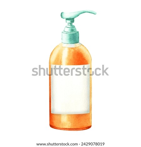 Full dish or hand soap dispenser with label for kitchen or bathroom. Hand drawn watercolor illustration isolated on white background. For clip art label package