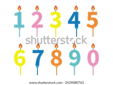 Happy Birthday candle number set. Numbers with fire flame. Different bright color. Flat design. Clip art elements for invitation, birthday card. White background. Isolated. Vector illustration