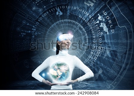 Young woman holding digital Earth planet in hands. Elements of this image are furnished by NASA