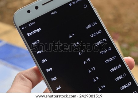 Close up display on the smartphone screen of earnings from the microstock site
