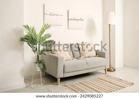 Interior of modern living room with comfortable sofa, lamp, pictures and houseplant