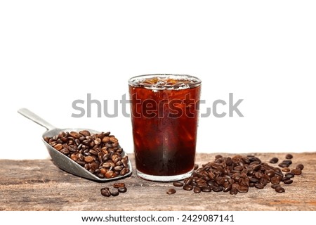Pictures of coffee beans and americano ice coffee put on white background with isolated picture.