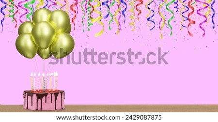 birthday cake with bunch of golden or yellow balloons on pink background with confetti. Empty space for text