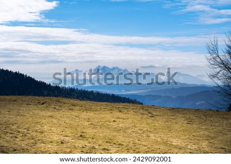 Panorama High Tatra Mountains in early spring, view from Wierchomla, Beskid Sadecki, Poland.