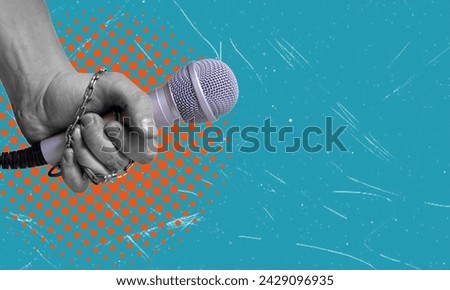 Collage art, hand with microphone, on blue background with space for text. Yellow press, daily news.