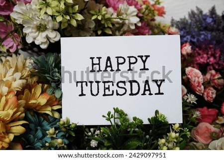 Happy Tuesday text message on paper card with beautiful flowers decoration Royalty-Free Stock Photo #2429097951