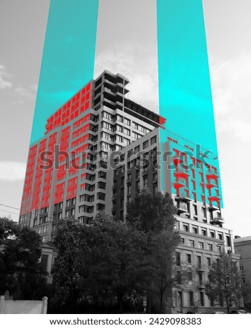 Modern building with red highlights, divided by cyan vertical elements against grayscale city background. Contemporary art collage. Concept of architecture, real estate marketing, urban style