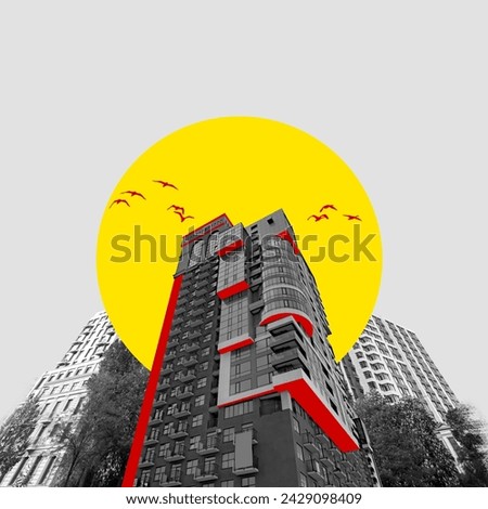 Monochrome cityscape with central building highlighted with red lines with yellow design elements and silhouetted birds. Contemporary art. Concept of architecture, real estate. Modern urban living