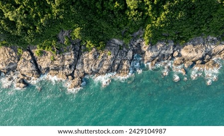 Aerial view of a rocky coastline with lush green forest meeting turquoise sea waters, ideal for travel and nature themed backgrounds, Earth day