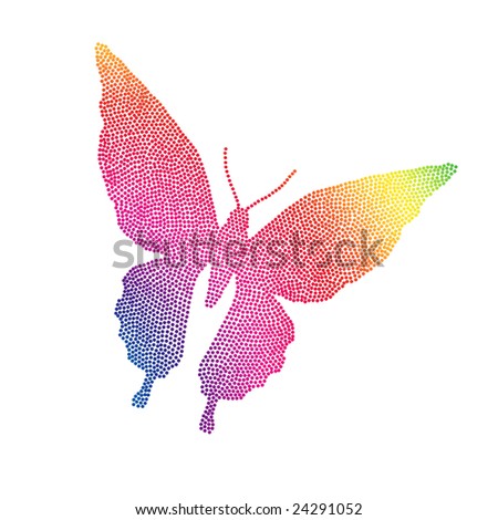 Abstract of a Brightly Colored Green, Yellow, Orange, Red, Pink, Purple, and Blue Rainbow Butterfly Isolated on a White Background