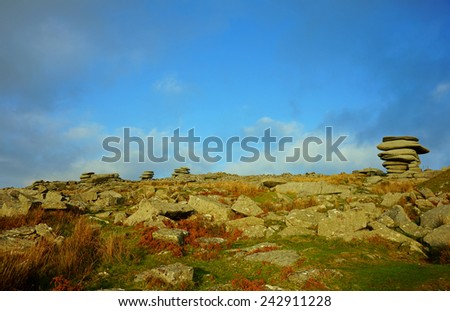 Panorama view of the Granite rock formation known as the Cheesewring at Minions on Bodmin Moor Cornwall England UK Europe                      