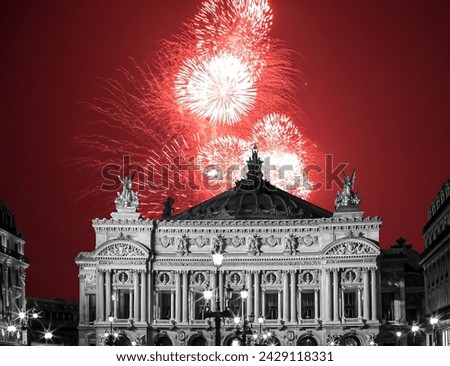 Fireworks over the Opera Garnier (Garnier Palace), Paris, France. Translation: national Academy of Music. UNESCO World Heritage Site