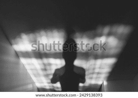 silhouette of a Person holding a camera on the ceiling, Shadow refection of a person on the floor and ceiling forming a cross
