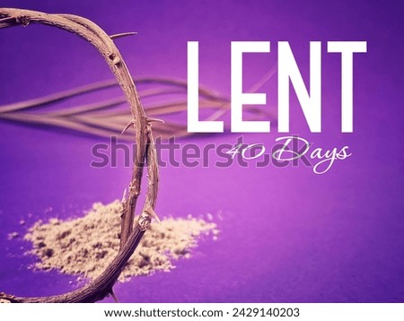 Lent Season, Holy Week, Ash Wednesday, Palm Sunday and Good Friday concepts. Lent 40 days in purple background. Stock photo.