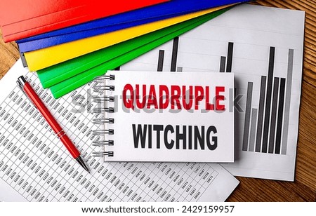 Quadruple Witching text on a notebook with pen, folder on a chart background Royalty-Free Stock Photo #2429159957